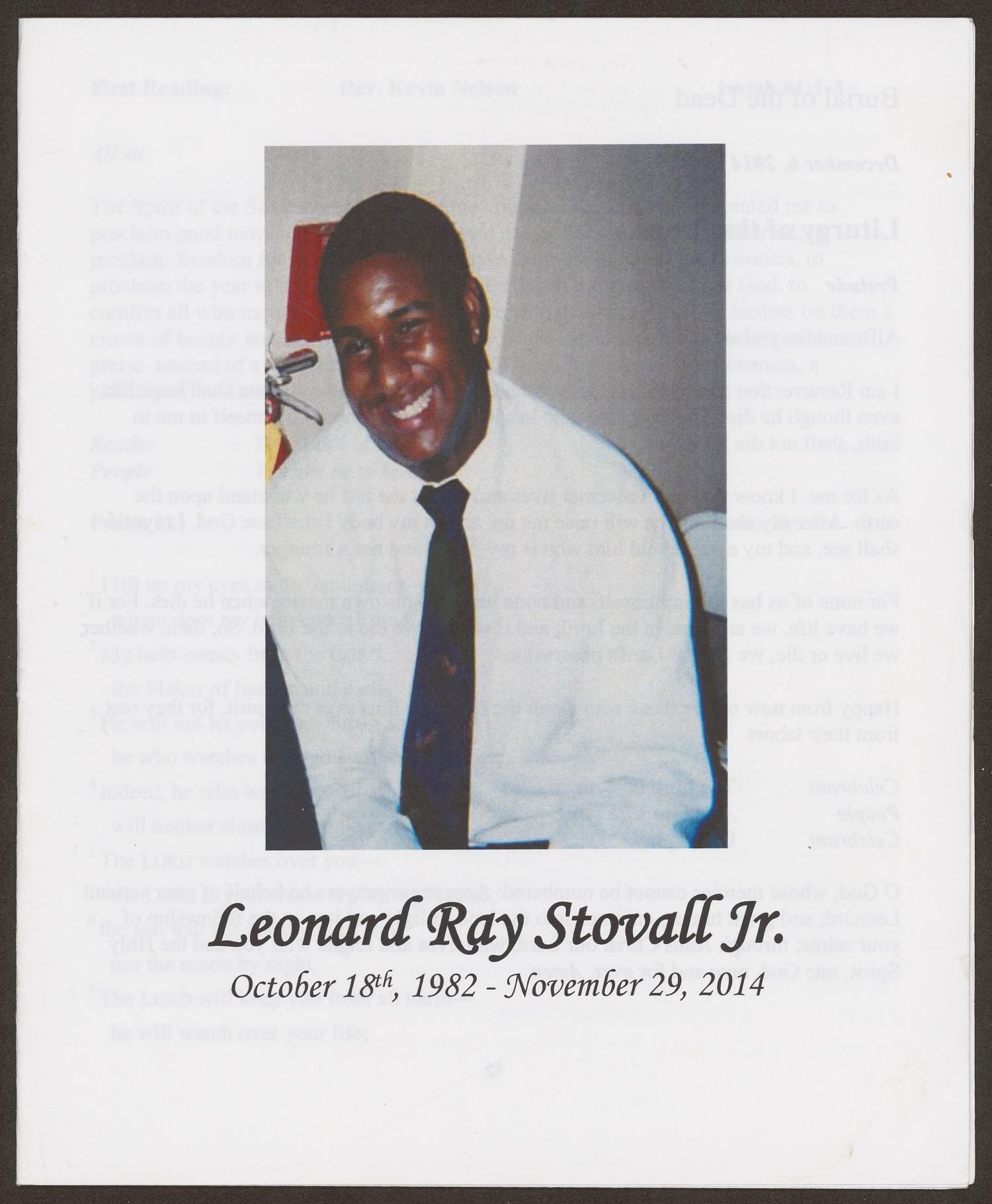 [Funeral Program for Leonard Ray Stovall, Jr., December 6, 2014]
                                                
                                                    [Sequence #]: 1 of 12
                                                