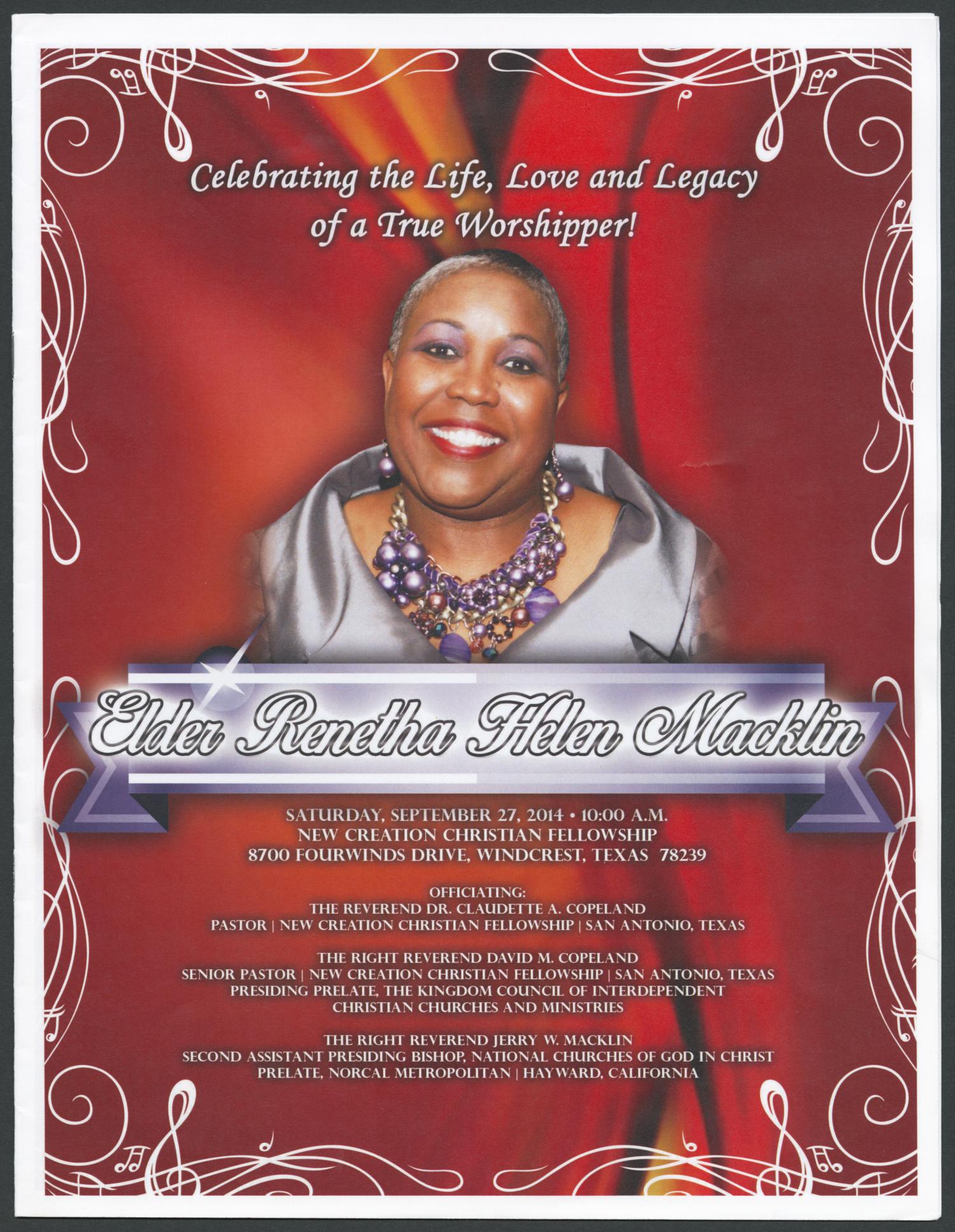 Funeral Program for Elder Renetha Helen Macklin, September 27