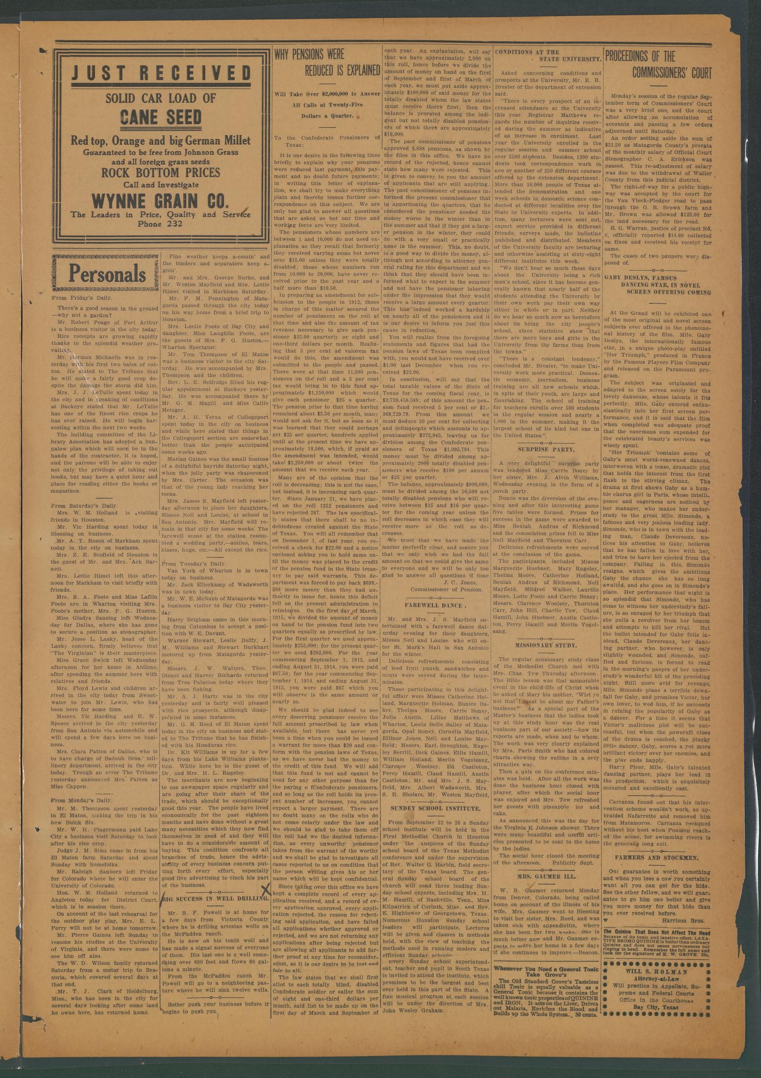 The Matagorda County Tribune. (Bay City, Tex.), Vol. 70, No. 38, Ed. 1 Friday, September 24, 1915
                                                
                                                    [Sequence #]: 3 of 8
                                                