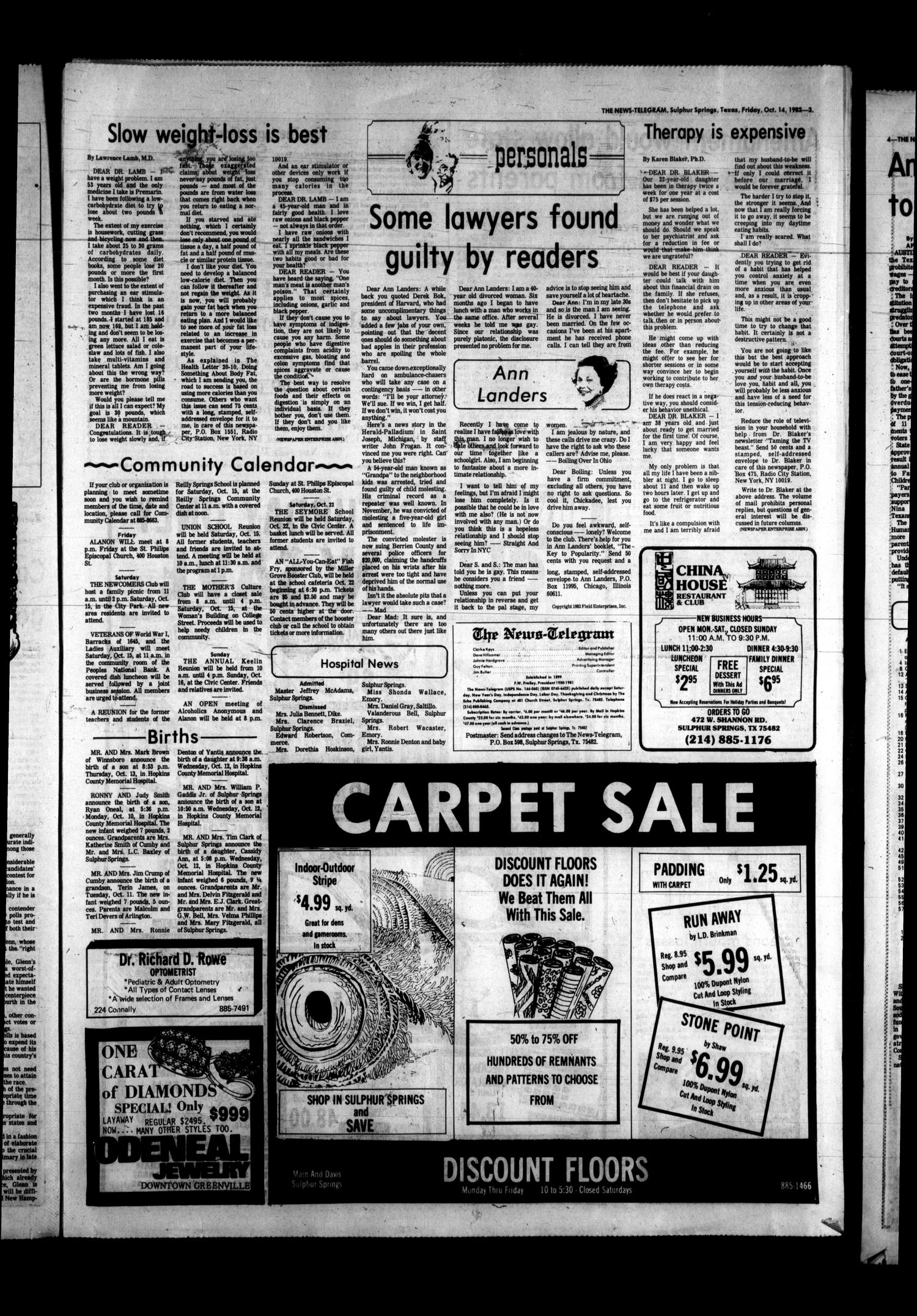 Sulphur Springs News-Telegram (Sulphur Springs, Tex.), Vol. 105, No. 243, Ed. 1 Friday, October 14, 1983
                                                
                                                    [Sequence #]: 3 of 26
                                                