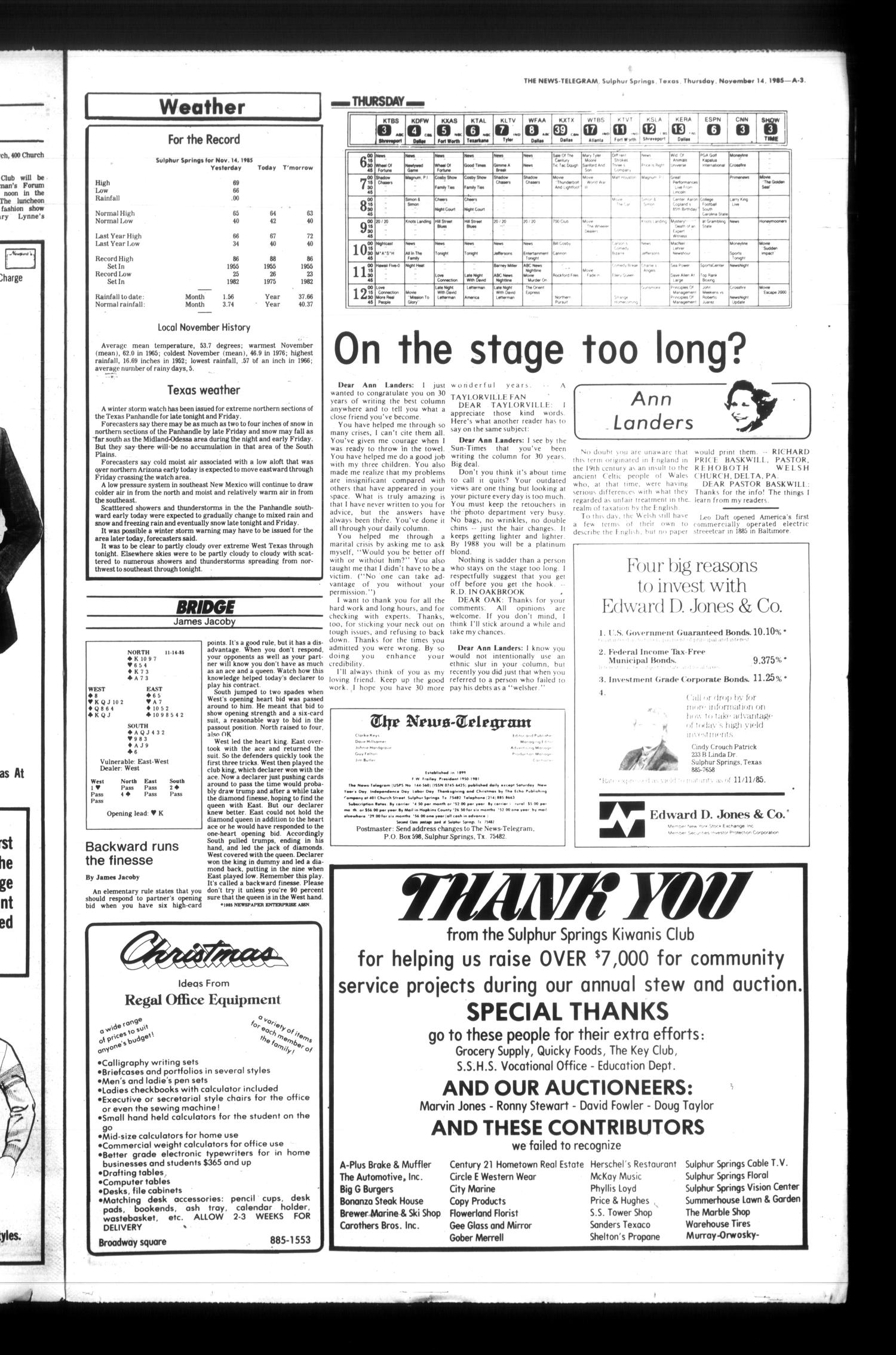 Sulphur Springs News-Telegram (Sulphur Springs, Tex.), Vol. 107, No. 270, Ed. 1 Thursday, November 14, 1985
                                                
                                                    [Sequence #]: 3 of 36
                                                
