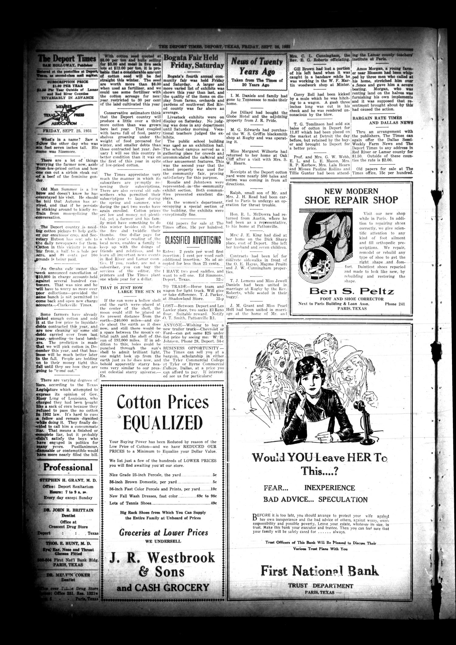 The Deport Times (Deport, Tex.), Vol. 23, No. 33, Ed. 1 Friday, September 25, 1931
                                                
                                                    [Sequence #]: 4 of 8
                                                