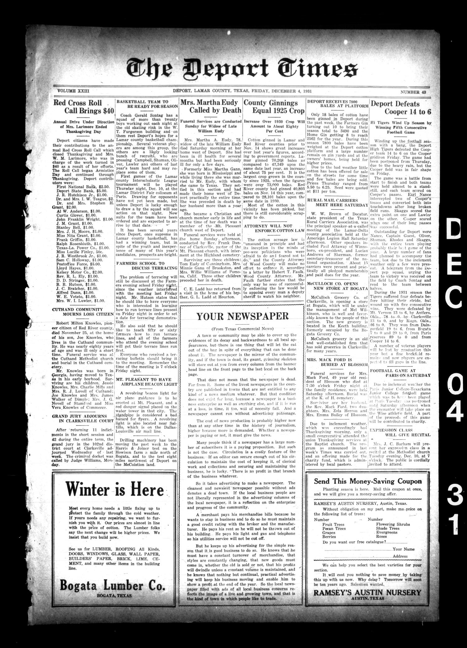 The Deport Times (Deport, Tex.), Vol. 23, No. 43, Ed. 1 Friday, December 4, 1931
                                                
                                                    [Sequence #]: 1 of 6
                                                