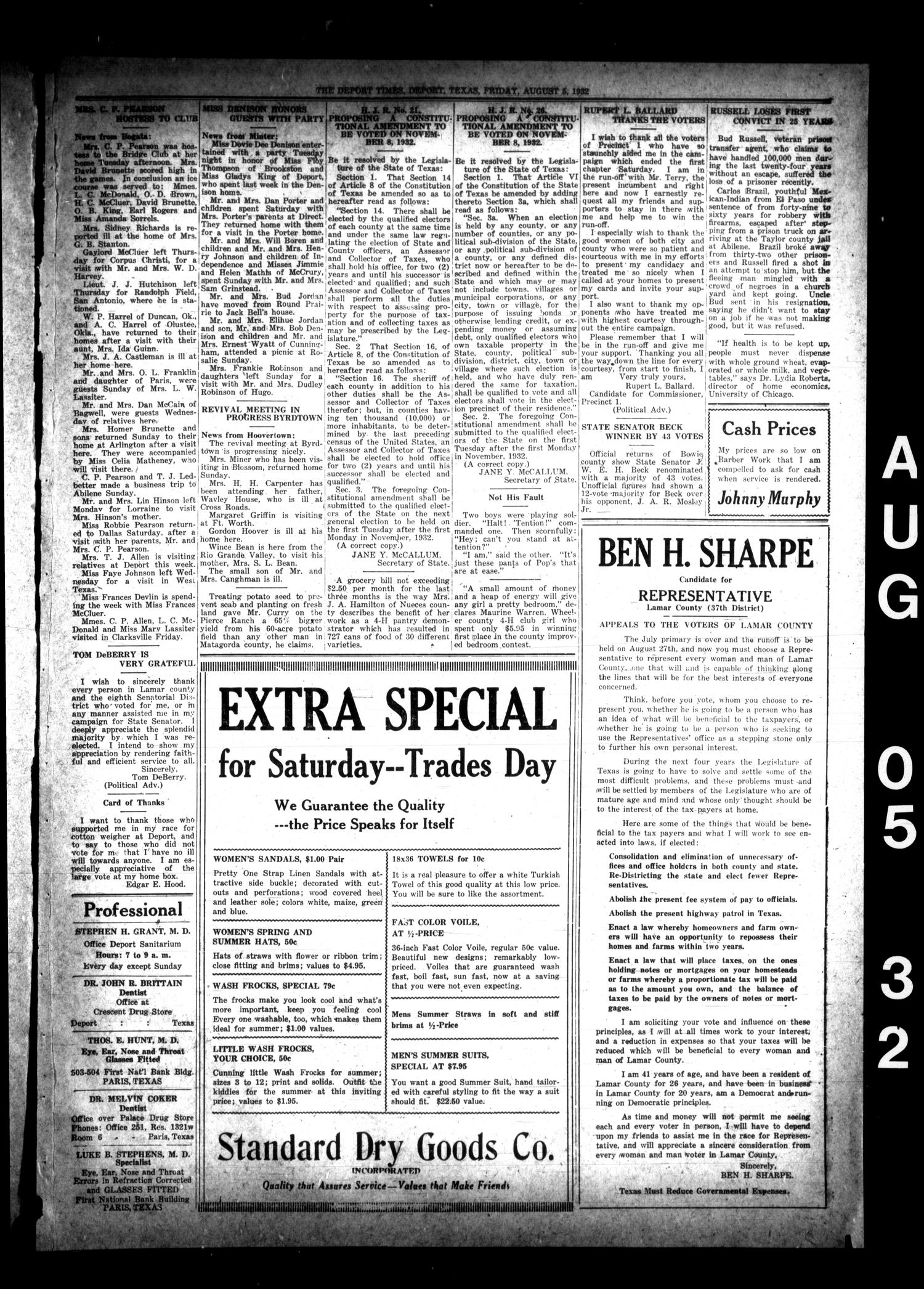 The Deport Times (Deport, Tex.), Vol. 24, No. 26, Ed. 1 Friday, August 5, 1932
                                                
                                                    [Sequence #]: 3 of 6
                                                