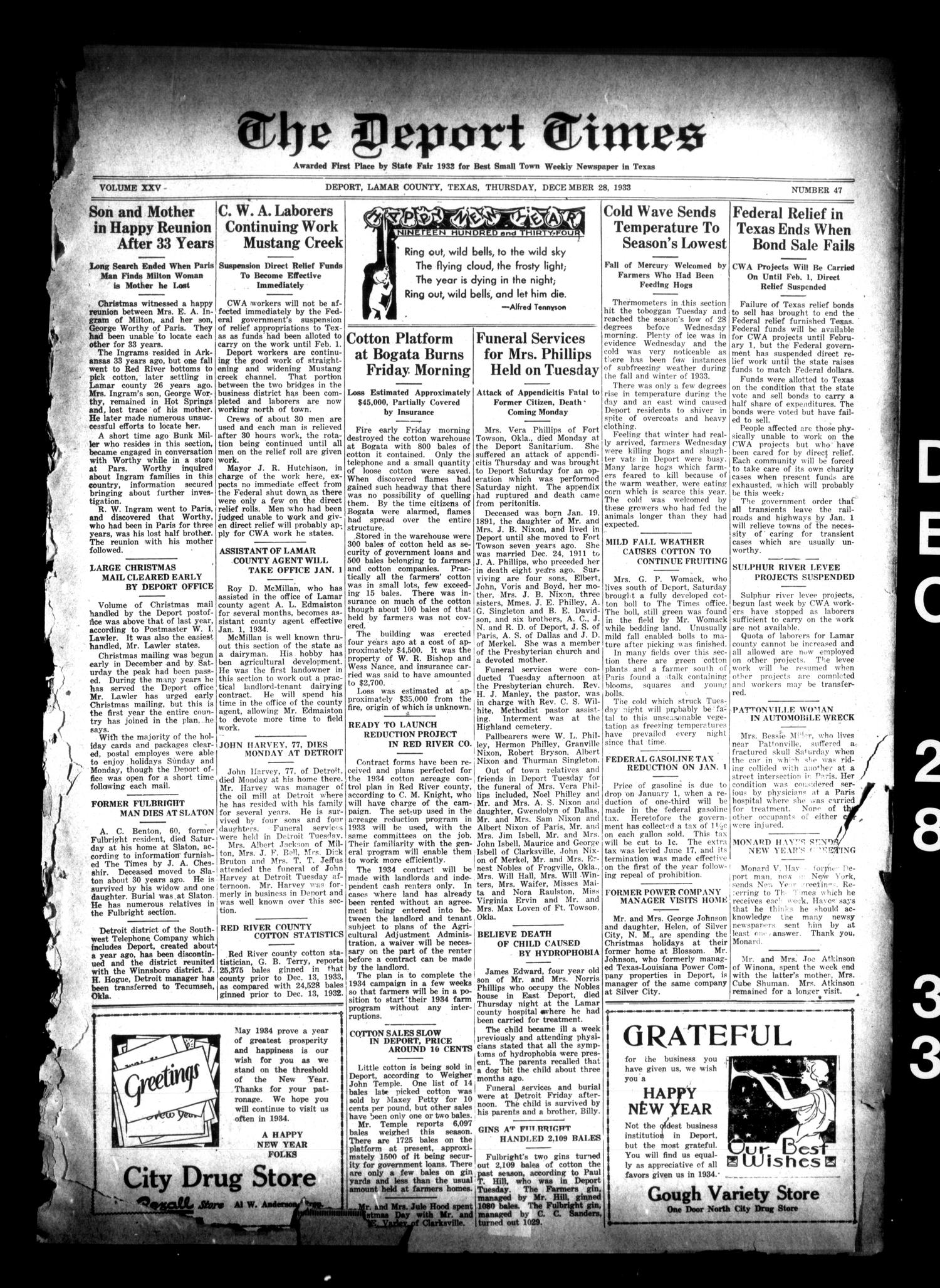The Deport Times (Deport, Tex.), Vol. 25, No. 47, Ed. 1 Thursday, December 28, 1933
                                                
                                                    [Sequence #]: 1 of 12
                                                