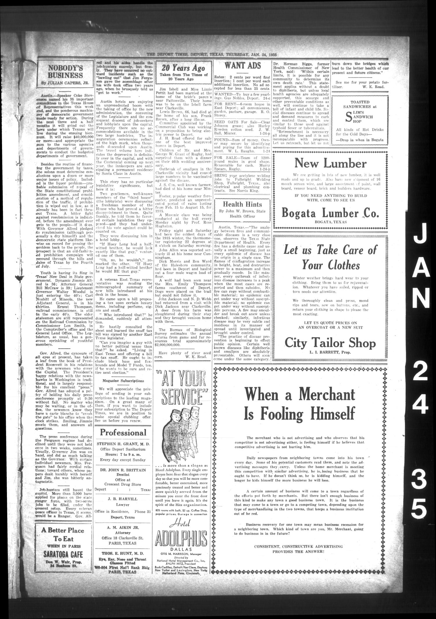 The Deport Times (Deport, Tex.), Vol. 26, No. 51, Ed. 1 Thursday, January 24, 1935
                                                
                                                    [Sequence #]: 5 of 6
                                                