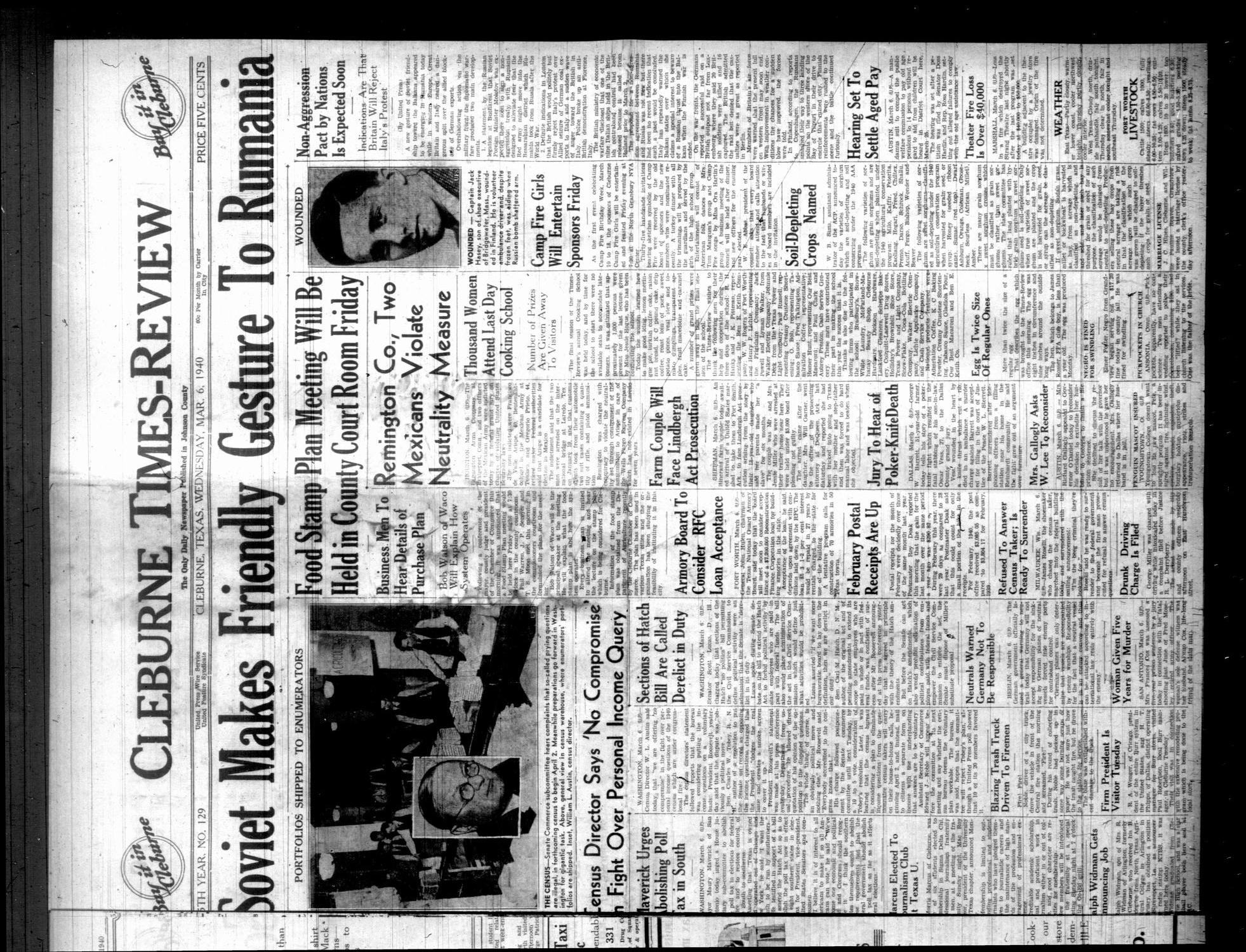Cleburne Times-Review (Cleburne, Tex.), Vol. [35], No. 129, Ed. 1 Wednesday, March 6, 1940
                                                
                                                    [Sequence #]: 1 of 6
                                                