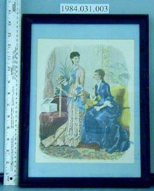 [Framed Godey's Fashion print of a woman standing and another woman sitting]