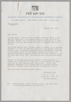 [Letter from Abraham Feinberg, December 2, 1963]