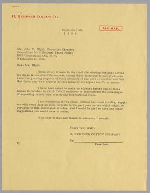 [Letter from Harris L. Kempner to John W. Hight, September 4, 1959]