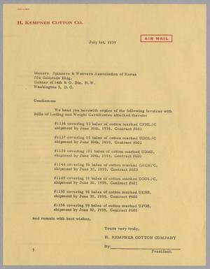[Letter from H. Kempner Cotton Company to the Spinners & Weavers Association of Korea, July 1, 1959]