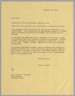 [Letter from Arthur M. Alpert to Nonie Kempner, September 28, 1959]