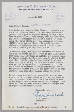 [Letter from B. W. Huebsch to Harris L. Kempner, April 4, 1963]