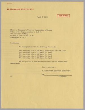 [Letter from Harris L. Kempner to Spinners & Weavers Association of Korea, April 8, 1959]