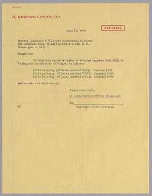 [Letter from H. Kempner Cotton Company to the Spinners & Weavers Association of Korea, June 24, 1959]