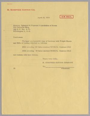 [Letter from Harris L. Kempner to Spinners & Weavers Association of Korea, April 21, 1959]
