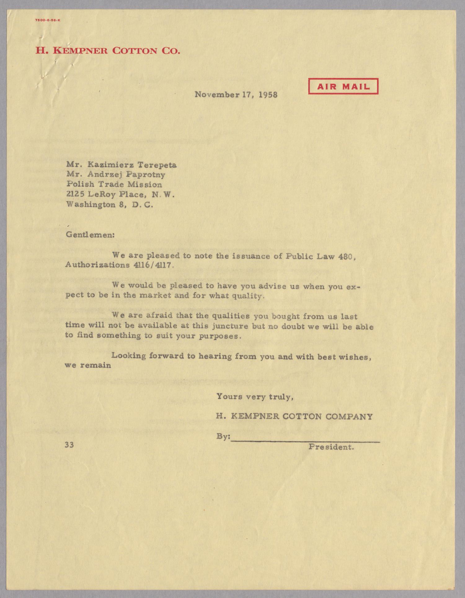 [Letter from Harris L. Kempner to Kazimierz Terepeta and Andrzej Paprotny, November 17, 1959]
                                                
                                                    [Sequence #]: 1 of 4
                                                