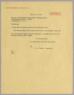[Letter from T. E. Taylor to International Cooperation Administration, March 19, 1959]