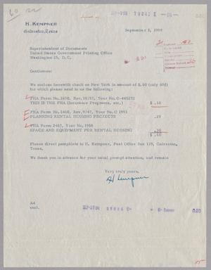 [Letter from H. Kempner to Superintendent of Documents, September 3, 1959]