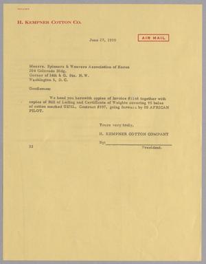 [Letter from Harris L. Kempner to Spinners & Weavers Association of Korea, June 27, 1959]