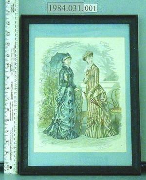 [Framed Godey's Fashion print of two women holding umbrellas]