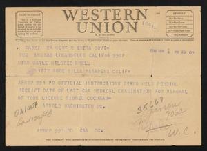 Primary view of object titled '[Telegram from Jacqueline Cochran and Hap Arnold to Gayle Snell, April 4, 1944]'.