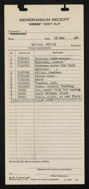 [United States Army Quartermaster Corps medical supply receipt]