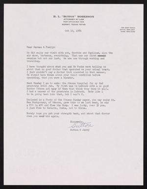 Primary view of object titled '[Letter from H. L. "Button" Roberson to Herman F. Fuchs, October 10, 1986]'.