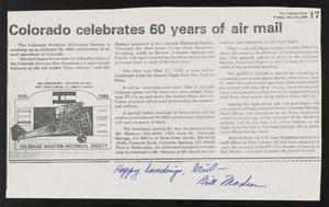 Primary view of object titled '[Clipping: Colorado celebrates 60 years of air mail]'.