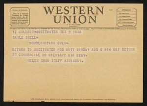 Primary view of object titled '[Telegram to Gayle Snell from Helen Shaw, 1944?]'.