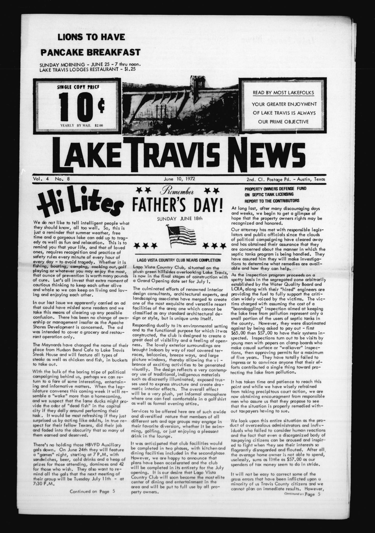 Lake Travis News (Austin, Tex.), Vol. 4, No. 8, Ed. 1 Saturday, June 10, 1972
                                                
                                                    [Sequence #]: 1 of 11
                                                