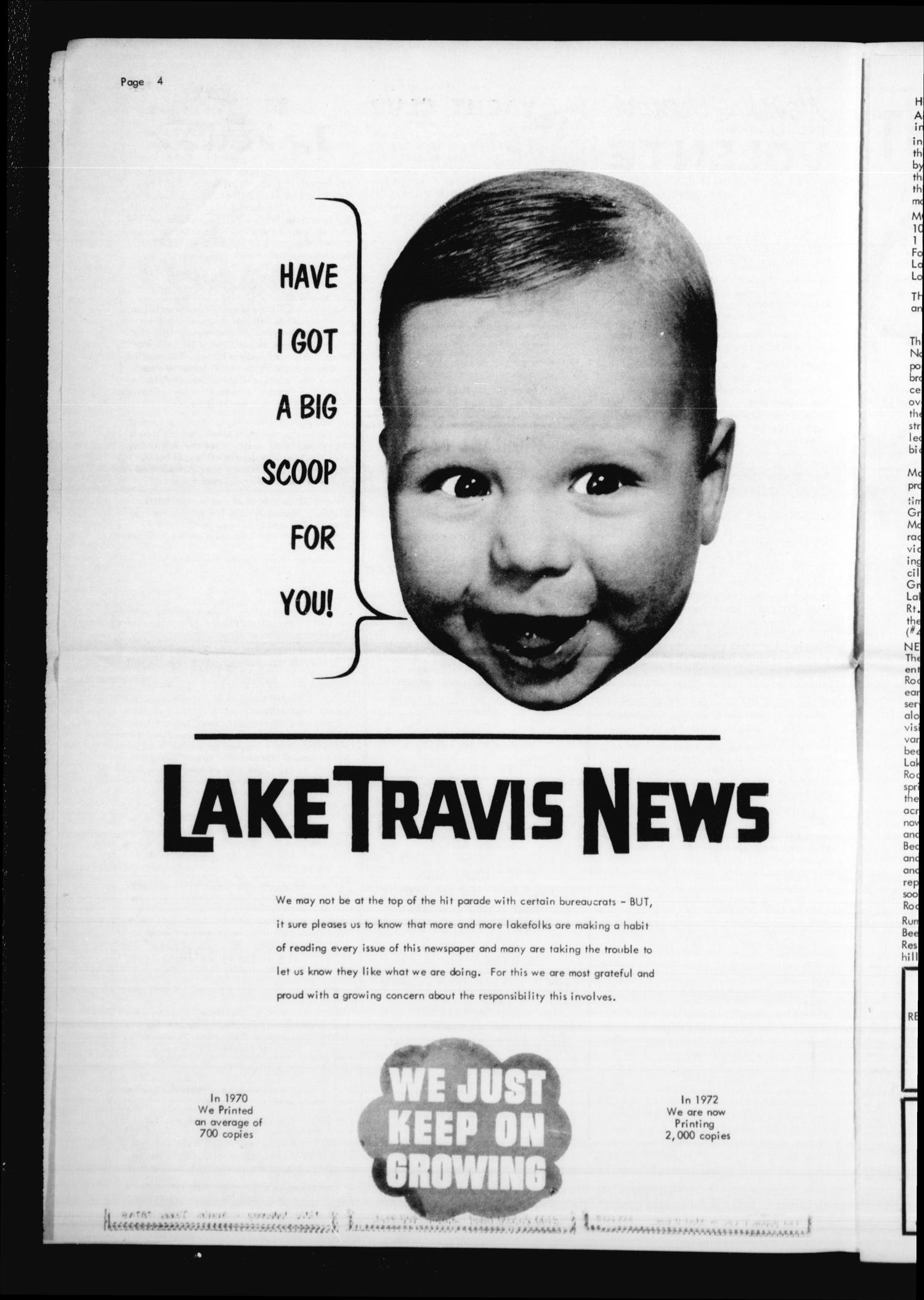 Lake Travis News (Austin, Tex.), Vol. 4, No. 8, Ed. 1 Saturday, June 10, 1972
                                                
                                                    [Sequence #]: 4 of 11
                                                