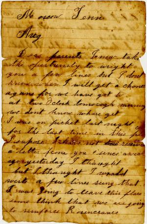 Primary view of object titled '[Letter from Vanburen W. Sargent to Mr. and Mrs. Sargent, August 1863]'.