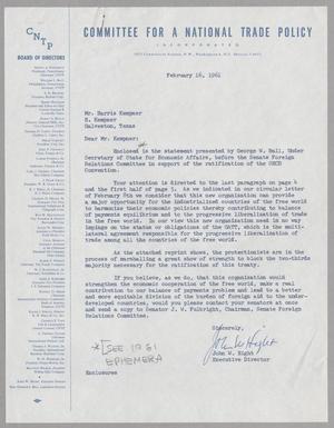 [Letter from John W. Hight to Harris Kempner, February 16, 1961]