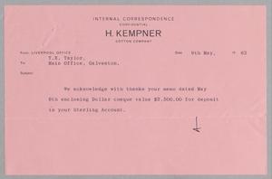 [Message from Liverpool Office to T. E. Taylor, May 9, 1963]