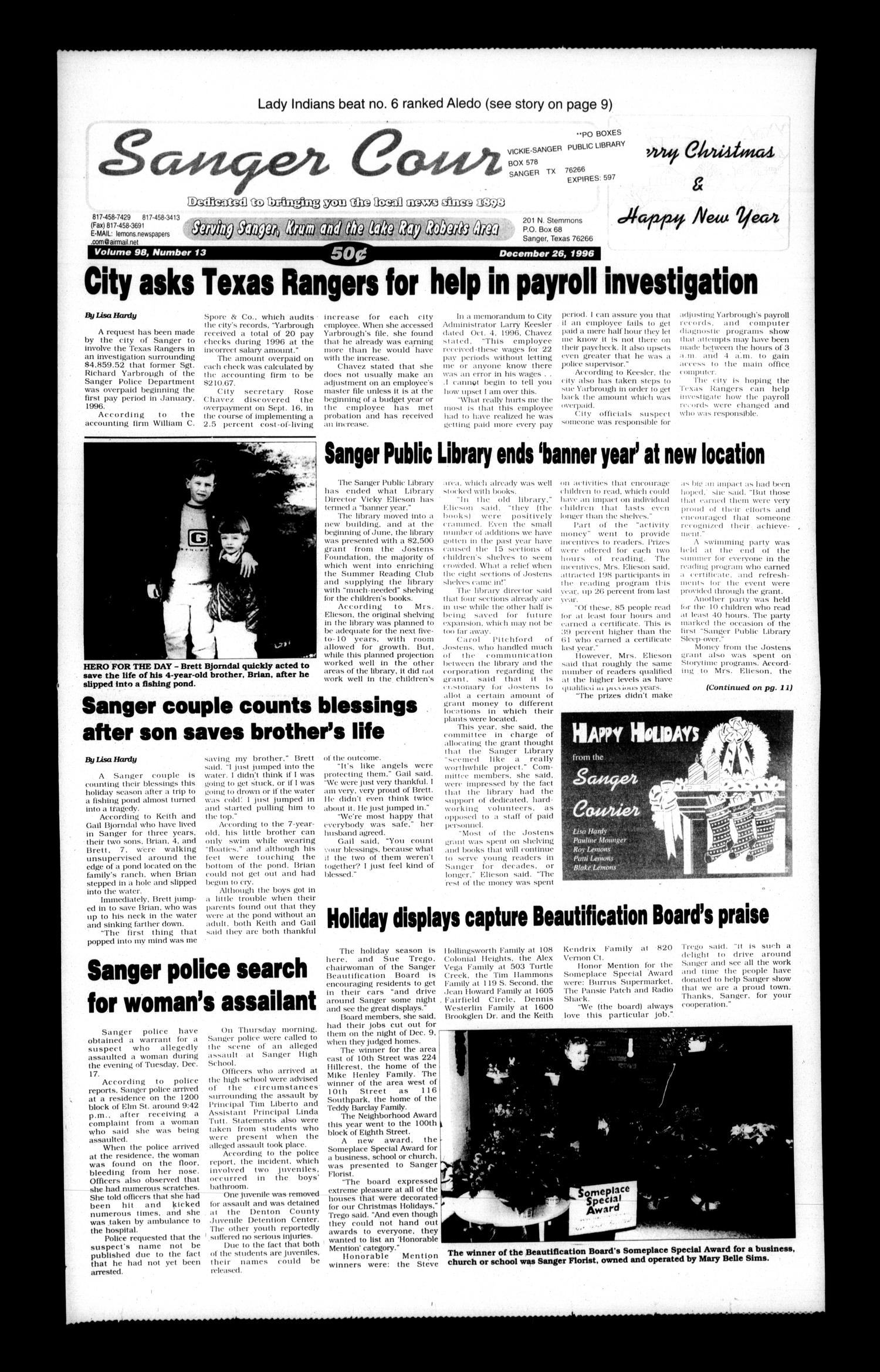 Sanger Courier (Sanger, Tex.), Vol. 98, No. 13, Ed. 1 Thursday, December 26, 1996
                                                
                                                    [Sequence #]: 1 of 14
                                                
