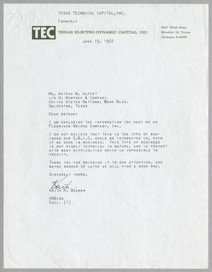 [Letter from Keith R. Beeman to Arthur M. Alpert, June 19, 1962]