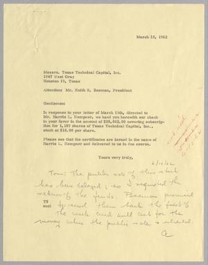 [Letter from T. E. Taylor to Texas Technical Capital, March 15, 1962]