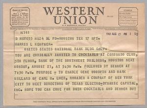 [Telegram from Bob Moroney to Harris L. Kempner, August 17, 1961]