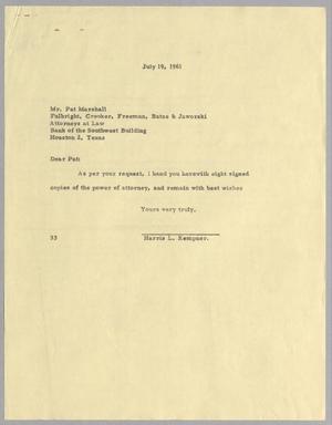 [Letter from Harris L. Kempner to Pat Marshall, July 19, 1961]