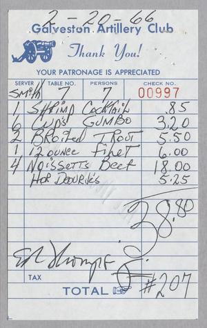 [Invoice for Items Purchased From the Galveston Artillery Club, February 1966]