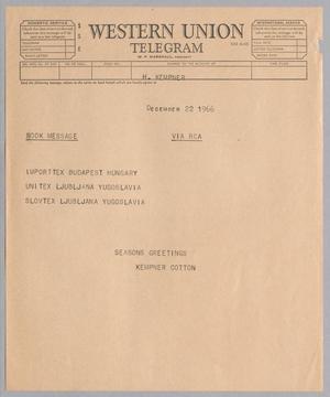 Primary view of object titled '[Telegram from H. Kempner, December 22, 1966]'.