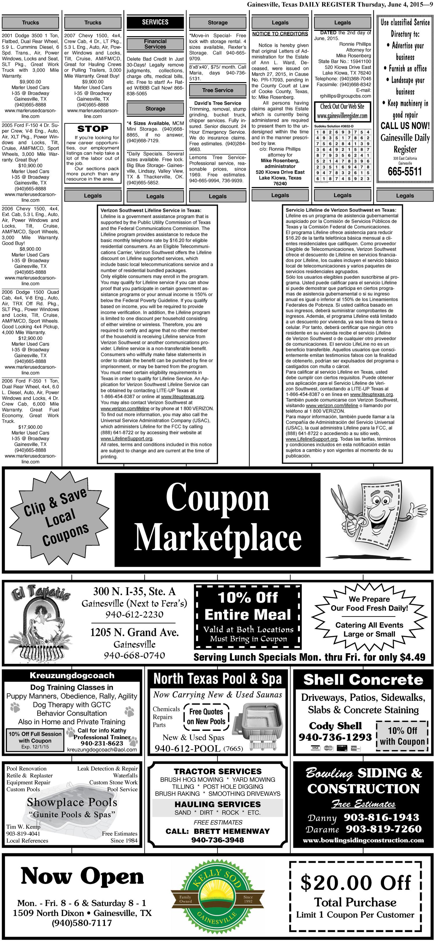 Gainesville Daily Register (Gainesville, Tex.), Vol. 125, No. 196, Ed. 1 Thursday, June 4, 2015
                                                
                                                    [Sequence #]: 9 of 10
                                                