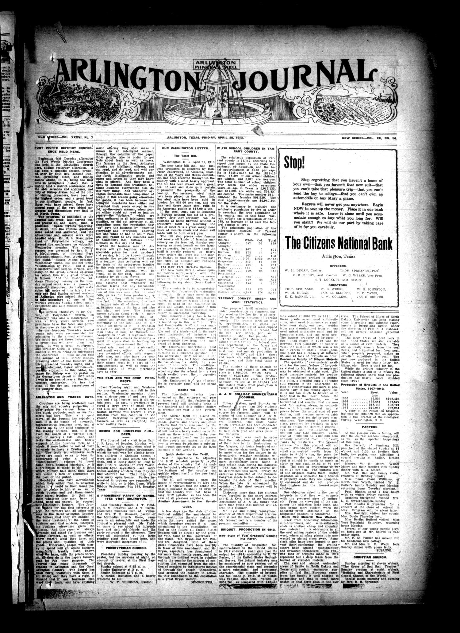 Arlington Journal (Arlington, Tex.), Vol. 12, No. 14, Ed. 1 Friday, April 25, 1913
                                                
                                                    [Sequence #]: 1 of 8
                                                