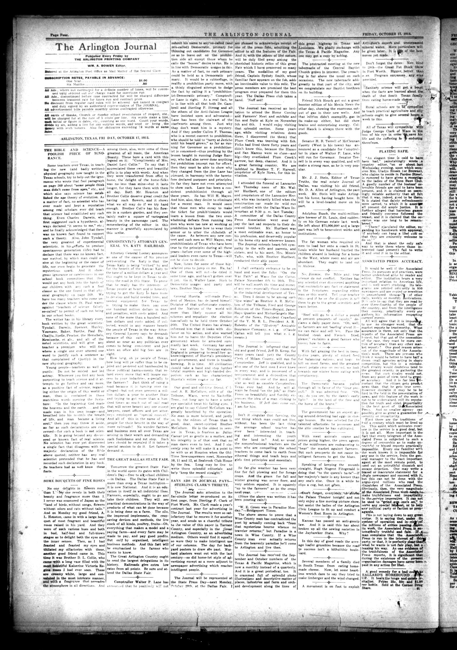 Arlington Journal (Arlington, Tex.), Vol. 12, No. 38, Ed. 1 Friday, October 17, 1913
                                                
                                                    [Sequence #]: 4 of 8
                                                