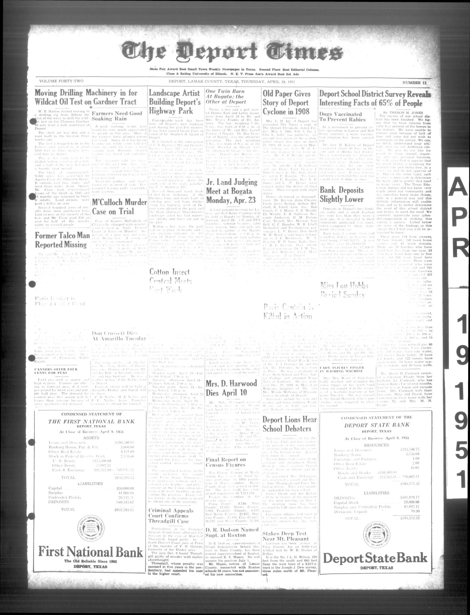 The Deport Times (Deport, Tex.), Vol. 42, No. 11, Ed. 1 Thursday, April 19, 1951
                                                
                                                    [Sequence #]: 1 of 8
                                                