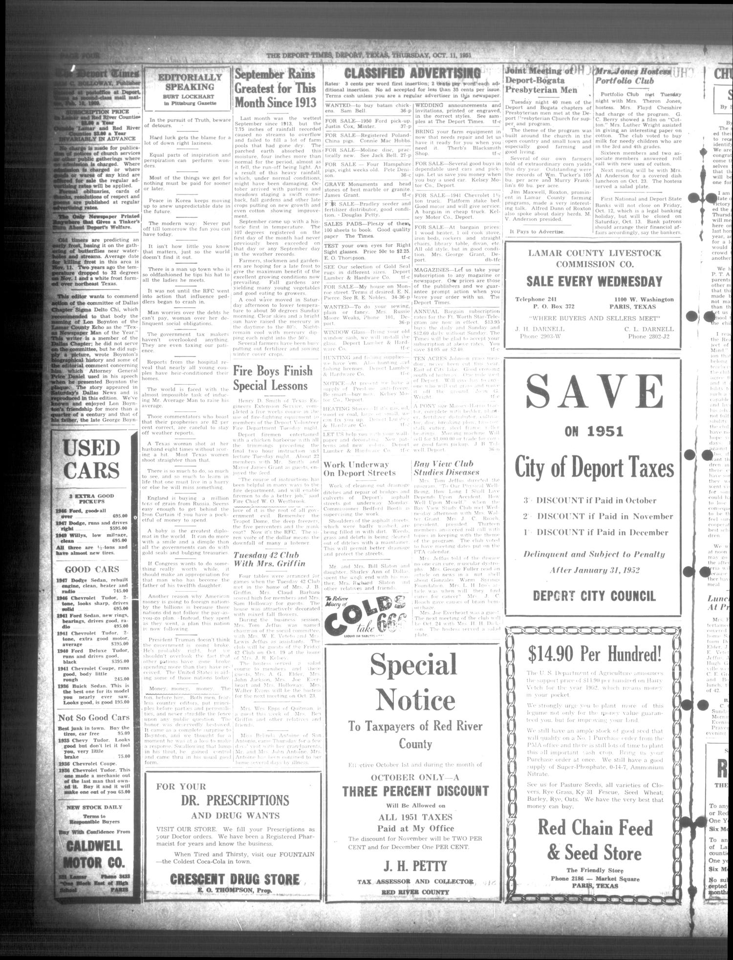 The Deport Times (Deport, Tex.), Vol. 42, No. 36, Ed. 1 Thursday, October 11, 1951
                                                
                                                    [Sequence #]: 4 of 8
                                                