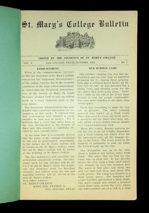 Primary view of object titled 'St. Mary's College Bulletin (San Antonio, Tex.), Vol. 5, No. 1, Ed. 1, October 1923'.
