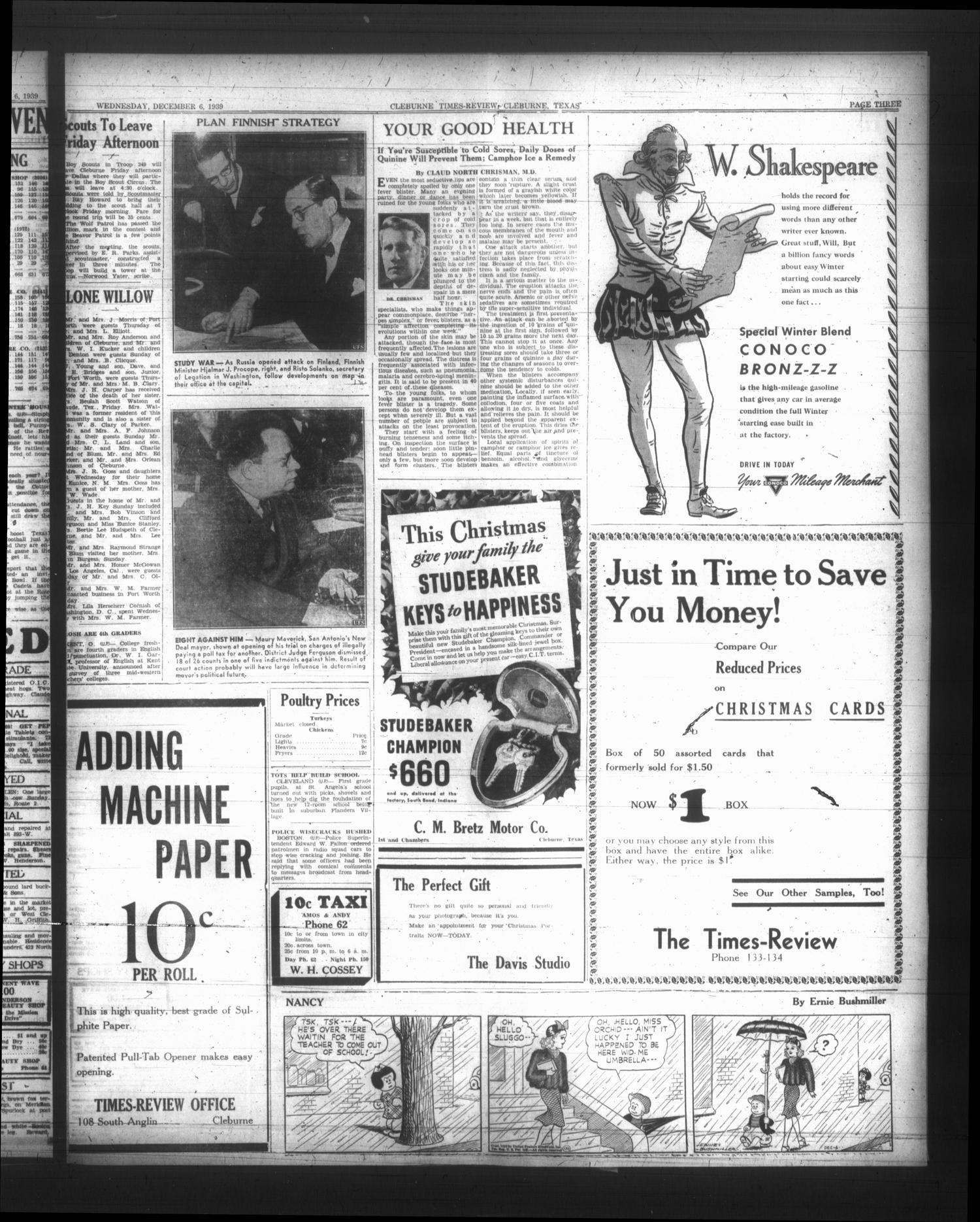 Cleburne Times-Review (Cleburne, Tex.), Vol. 35, No. 53, Ed. 1 Wednesday, December 6, 1939
                                                
                                                    [Sequence #]: 3 of 6
                                                