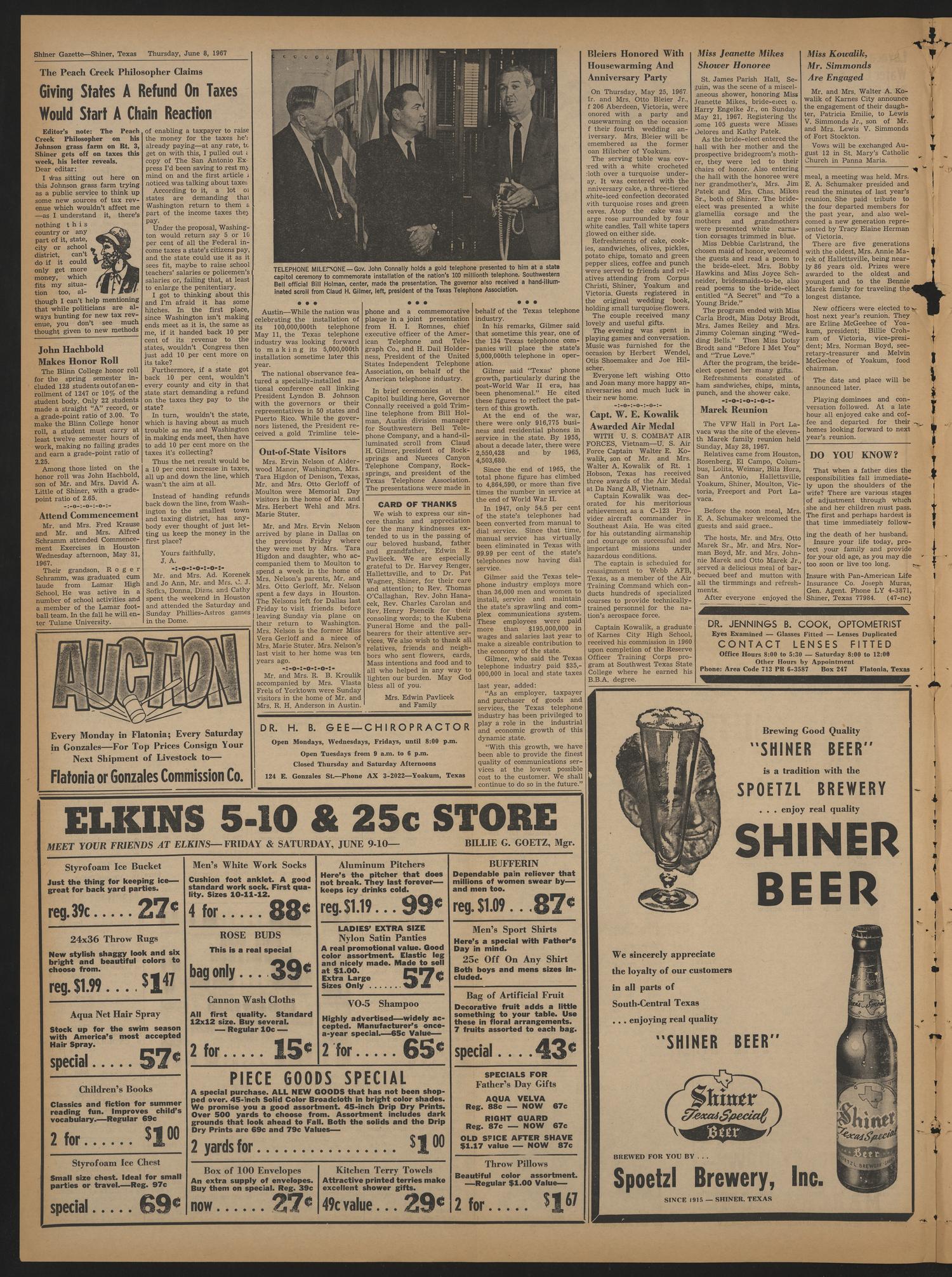 The Shiner Gazette (Shiner, Tex.), Vol. 75, No. 23, Ed. 1 Thursday, June 8, 1967
                                                
                                                    [Sequence #]: 2 of 8
                                                